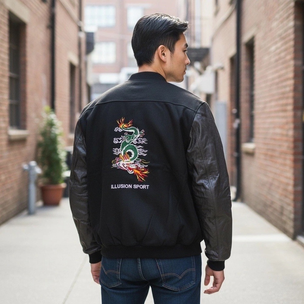Vintage Illusion Men's Bomber Jacket Dragon Embroidered Leather Sleeves Size 3XL